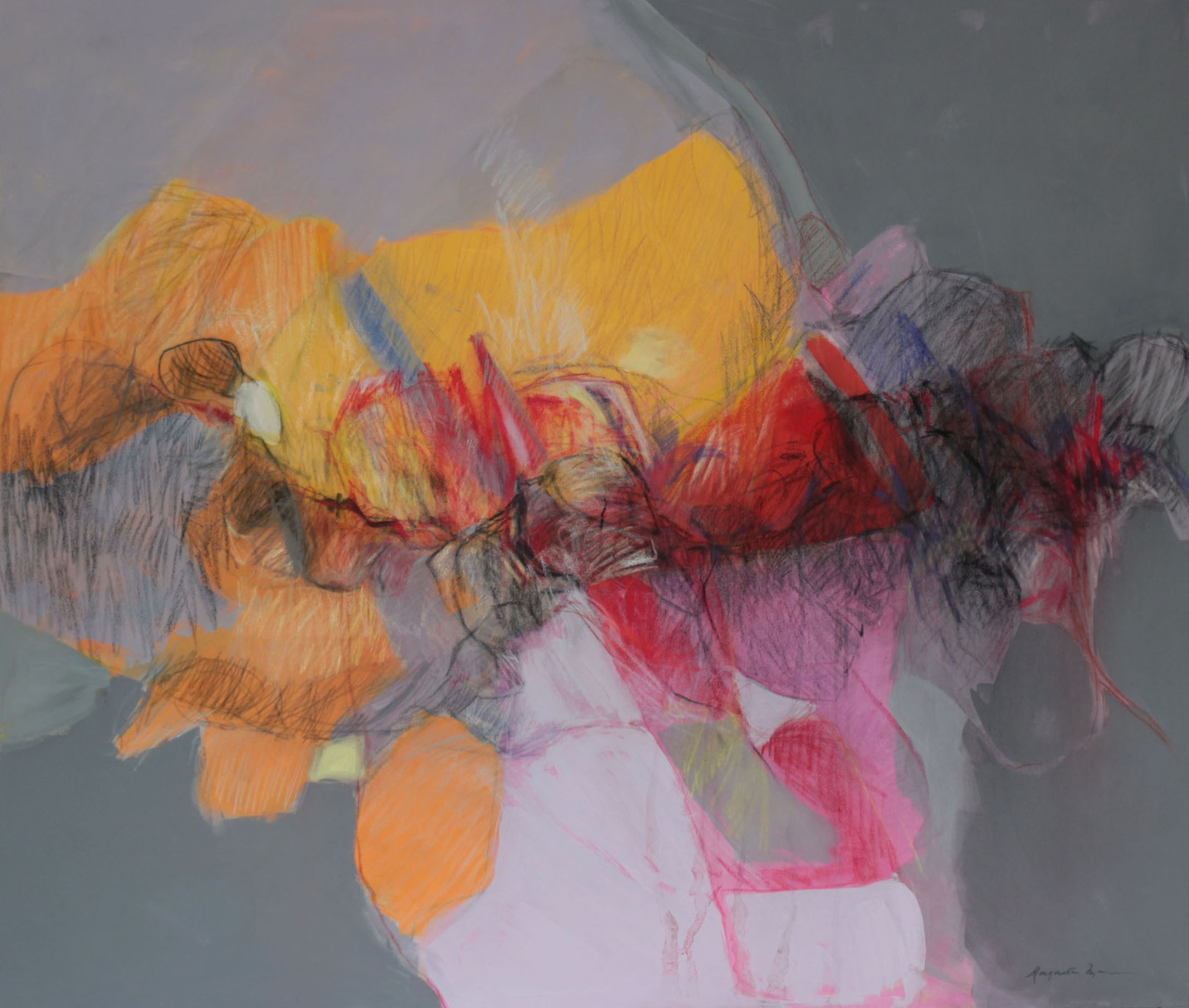 Margarita Isaza, "algo dijiste del vacío, y a lo lejos, la fuente brilló en su penumbra" - obra mixta, acrílico y carboncillo sobre lienzo - 170 x 152 cm - 2020